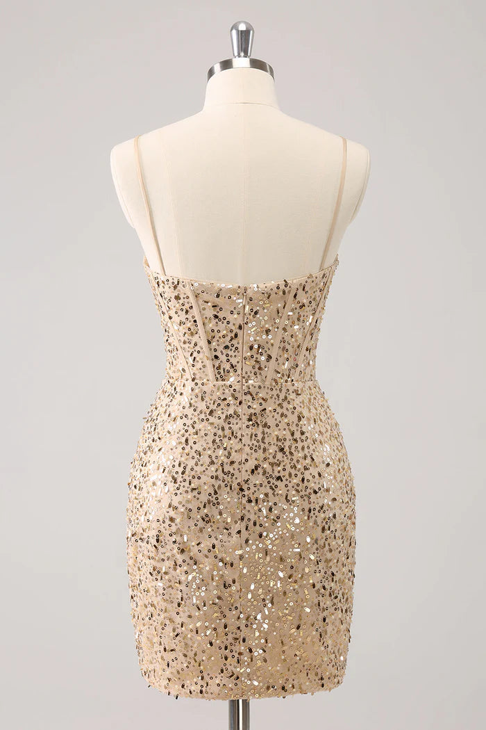 Weitese Dress Sparkly Golden Spaghetti Straps Bodycon Short Homecoming Dress Sleeveless Sequins Party Dress